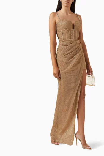 فستان هيلاري طويل قماش مزين بالغليتر