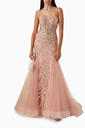 Bead-embellished Bustier Gown in Tulle