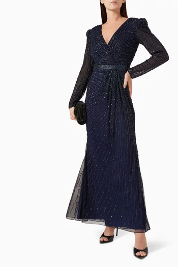 Sequin-embellished Wrap-style Gown in Mesh