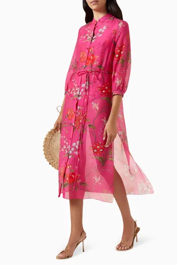 Floral-print Midi Shirt Dress in Cotton-silk