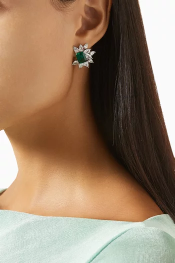 Emerald & Pear-cut Stud Earrings in Rhodium-plated Brass