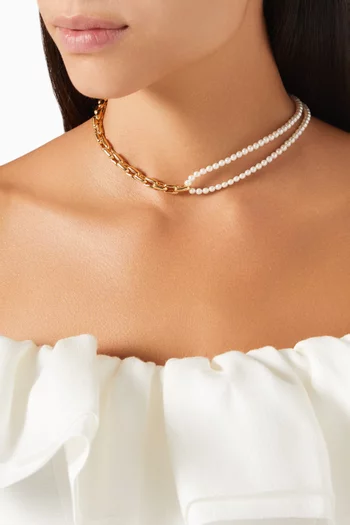 Pearl & Chain-link Necklace in 14kt Gold-plated Brass