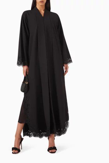 Lace-trim Abaya in Mixed Linen