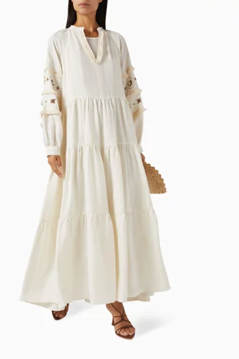 Shell-embellished Tiered Dress in Linen