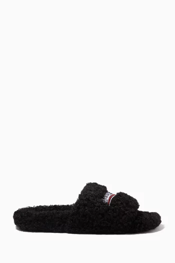Political Campaign Furry Slide Sandals in Faux Shearling  