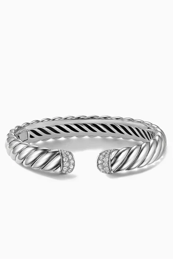 Sculpted Cable Cuff Bracelet with Pavé Diamonds in Sterling Silver