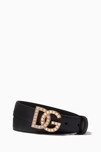 Belt with Rhinestones & Pearls Millennial DG Logo in Leather, 25mm