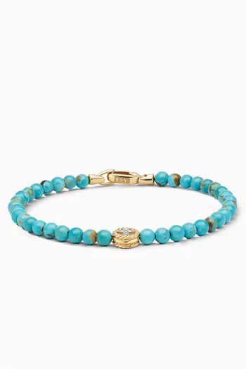 Spiritual Beads Peace Sign Turquoise Bracelet with Pavé Diamonds in 14kt Yellow Gold  