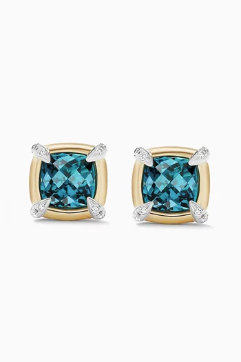 Petite Châtelaine® Hampton Blue Topaz Stud Earrings with 18kt Yellow Gold Bezel & Pavé Diamonds in Sterling Silver  
