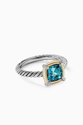 Petite Châtelaine® Hampton Blue Topaz & Pavé Diamonds Ring with 18kt Yellow Gold Bezel in Sterling Silver  