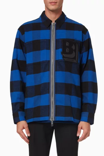 Letter Graphic Zip-front Shirt in Check Cotton Flannel  