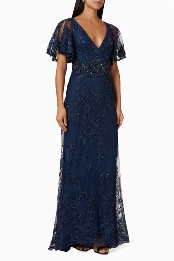 Embellished Butterfly Sleeve Gown in Tulle