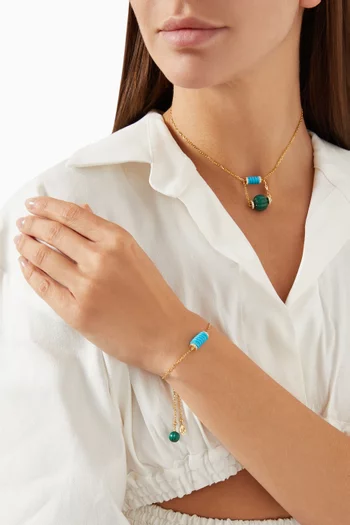 Malachite Ball & Turquoise Cylinder Diamond Bracelet in 18kt Yellow Gold