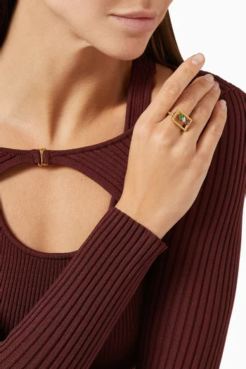 Rope Rectangle Diamond Ruby & Emerald Ring in 18kt Yellow Gold