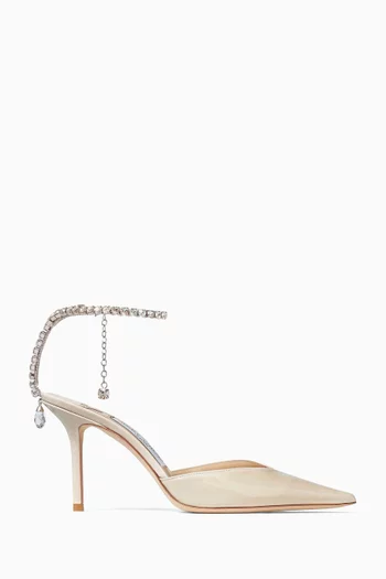 Saeda Crystal Strap Pumps in Linen Patent Leather  