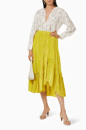 تنورة حرير مجعد بطبقات متعددة وتصميم مقسم لأجزاء