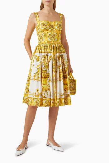 Majolica-print Bustier Midi Dress in Cotton-poplin