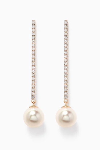 Diamond Bar & Pearl Drop Earrings in 14kt Yellow Gold 