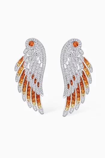 Wings Embrace Diamond & Sapphire Phoenix Drop Earrings In 18kt White Gold