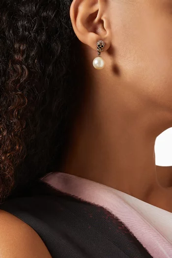 Skull Pavé Pearl Drop Earrings in Brass