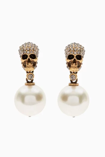 Skull Pavé Pearl Drop Earrings in Brass