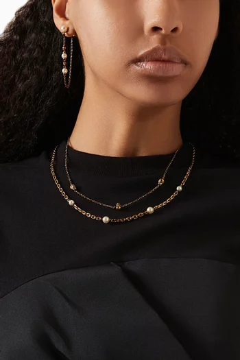 Pearl Skull Drop Chain Earrings in Brass