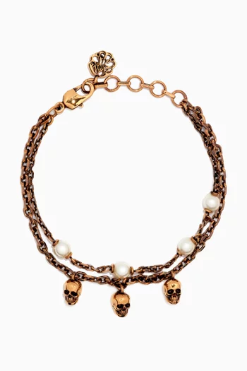 Pearl Skull Chain Bracelet in Antique Gold