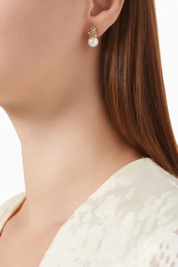 CZ Flower Pearl Drop Earrings in Gold-plated Brass