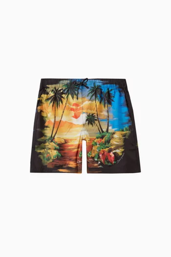 Hawaiian Print Swim Shorts in Nylon