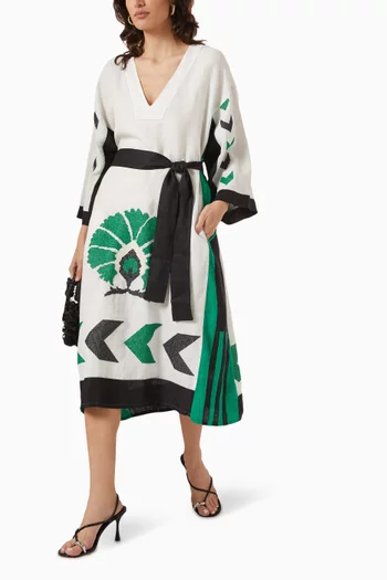 Peacock Embroidered Midi Kaftan in Linen
