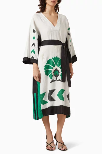 Peacock Embroidered Midi Kaftan in Linen