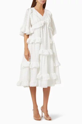 V-neck Ruffled Midi Dress in Cotton-blend