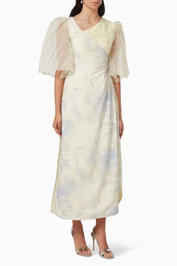 Abstract-print Midi Dress in Crepe & Organza