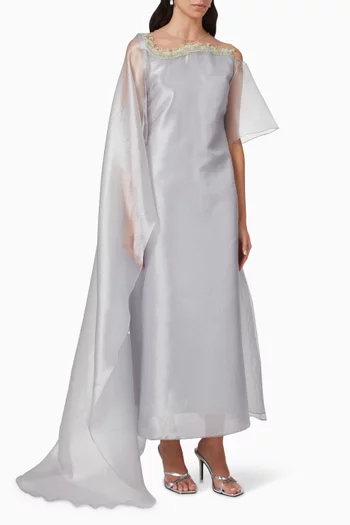 فستان طويل بكاب شفاف مطرز أورجانزا