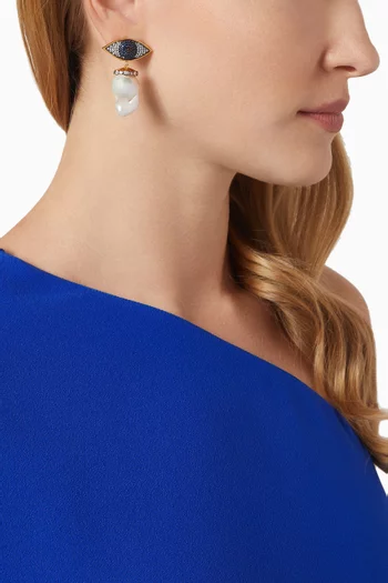 Cyclops Crystal & Pearl Drop Earrings in 24kt Gold-plated Bronze