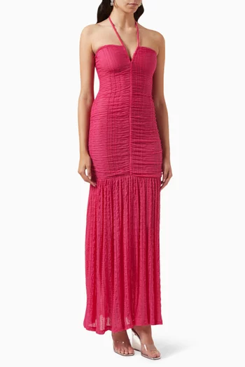 Halter Ruched Maxi Dress in Stretch-lace