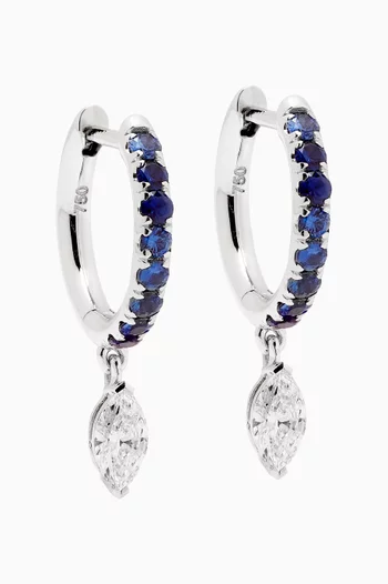 Marquise Diamond Drop Blue Sapphire Hoops in 18k White Gold