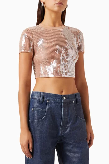 Cropped Crewneck T-shirt in Sequin-nylon
