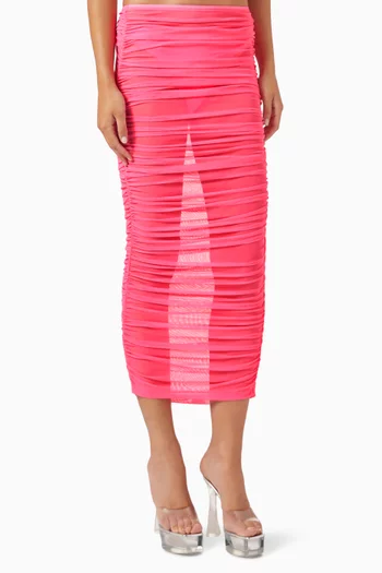 Sheer Ruched Maxi Skirt in Recycled Mesh