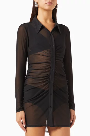 Sheer Ruched Mini Dress in Recycled Mesh