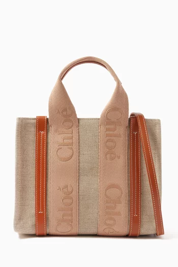 Small Woody Embroidered Tote Bag in Linen Canvas