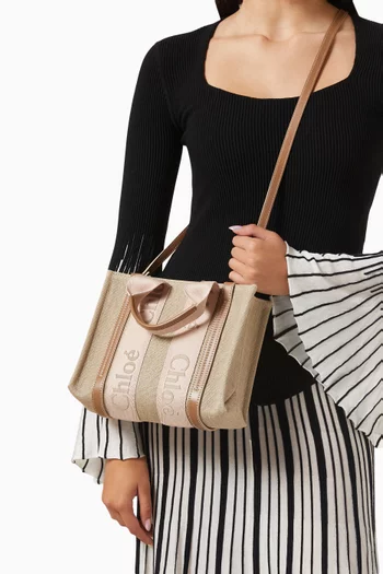 Small Woody Embroidered Tote Bag in Linen Canvas