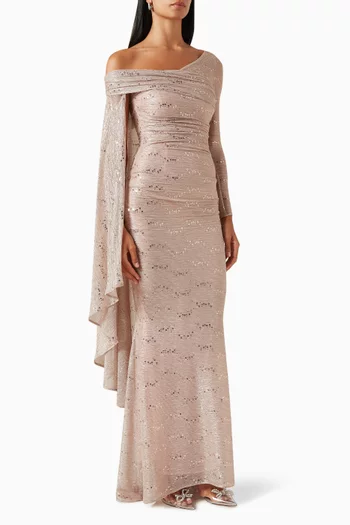One-shoulder Cape Gown in Metallic Voile