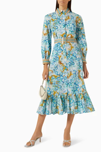 Floral-print Belted Midi Dress in Chiffon