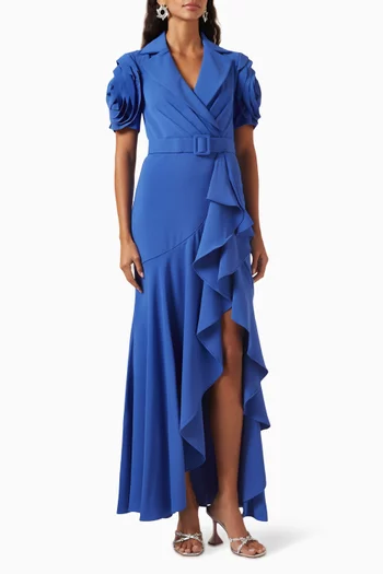 Rosette Ruffle Gown in Stretch-crepe