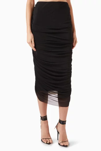 Donna Ruched Midi Skirt in Mesh