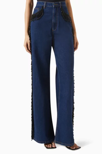 Fringes Beads Wide Jeans in Denim