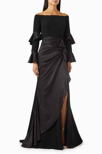Off-shoulder Ruffled Gown in Satin