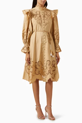 Ruffle-trimmed Midi Dress in Cotton-hemp Blend
