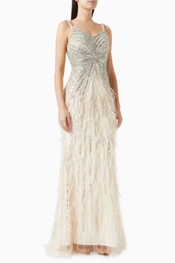 Sequin & Feather Embellished Gown in Tulle